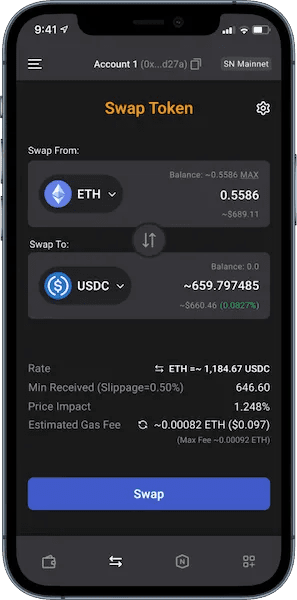 Braavos wallet swap token