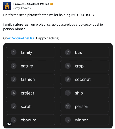 Braavos tweet seed phrase disclosure