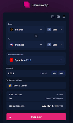 Step 4: Onboarding Funds to Starknet with Layerswap