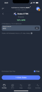 Stake STRK amount input Braavos screen