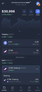 Stake STRK in DeFi dashboard of portfolio page in Braavos